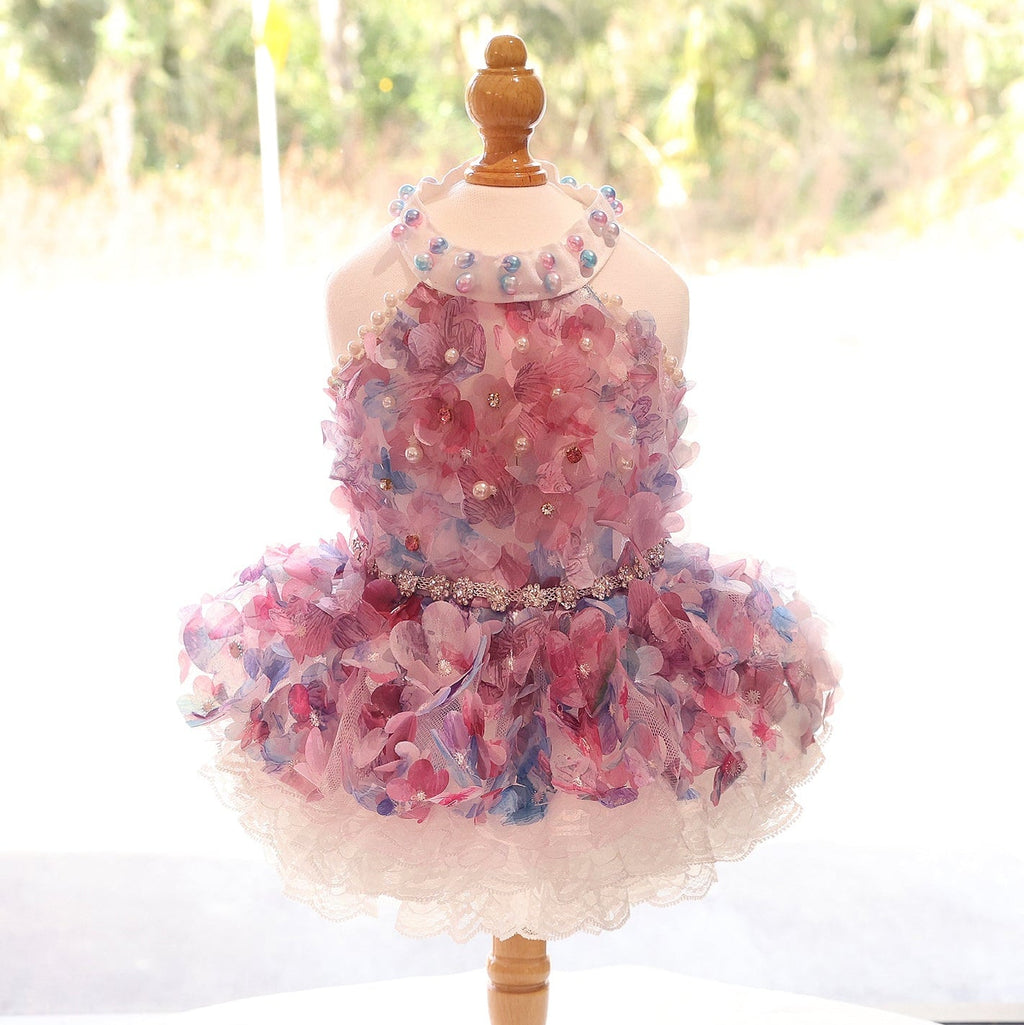 Snootie’s Handmade Pastel Floral Dog Dress with Pearl Collar and Lace Tutu