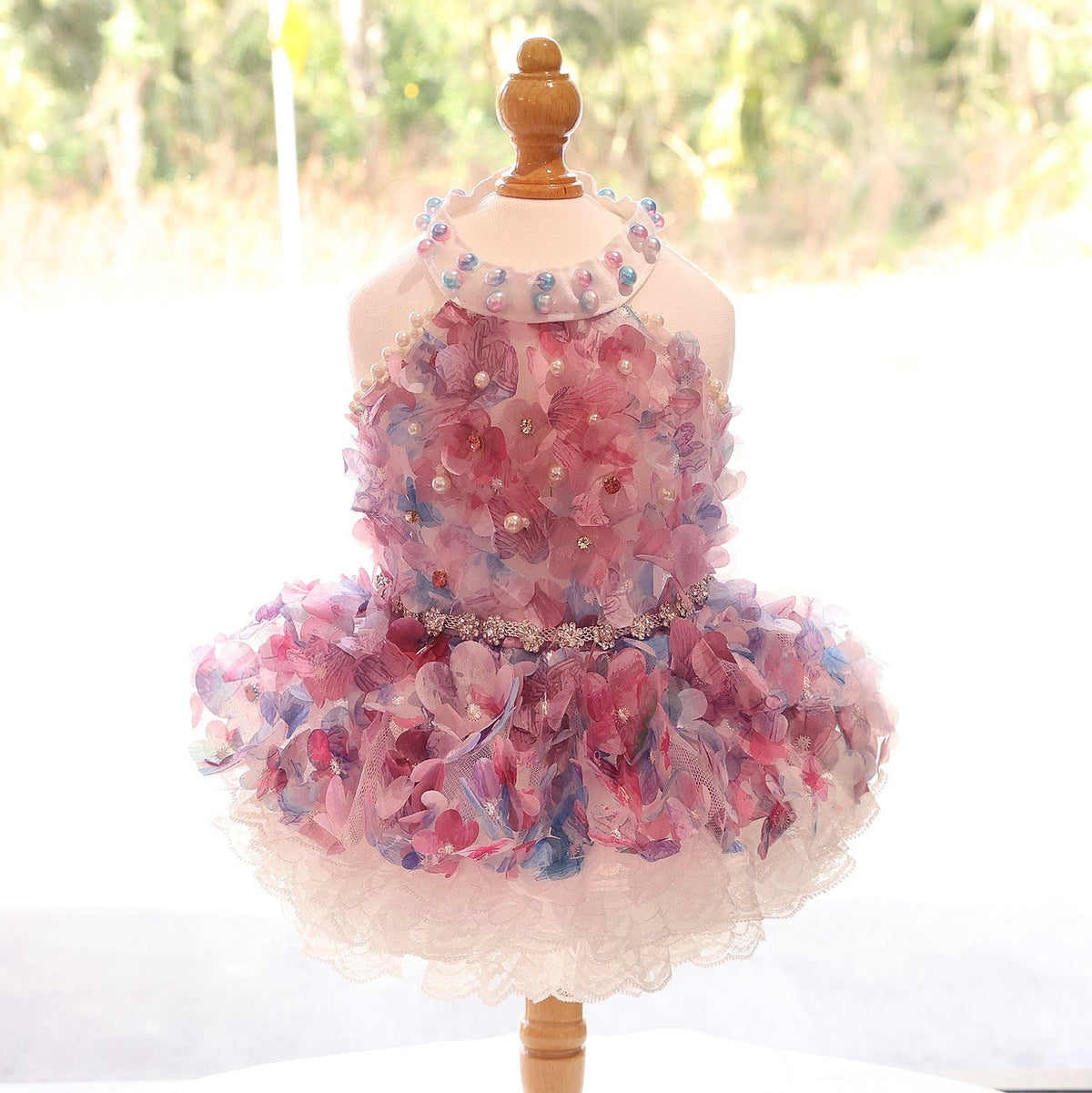 Snootie’s Handmade Pastel Floral Dog Dress with Pearl Collar and Lace Tutu