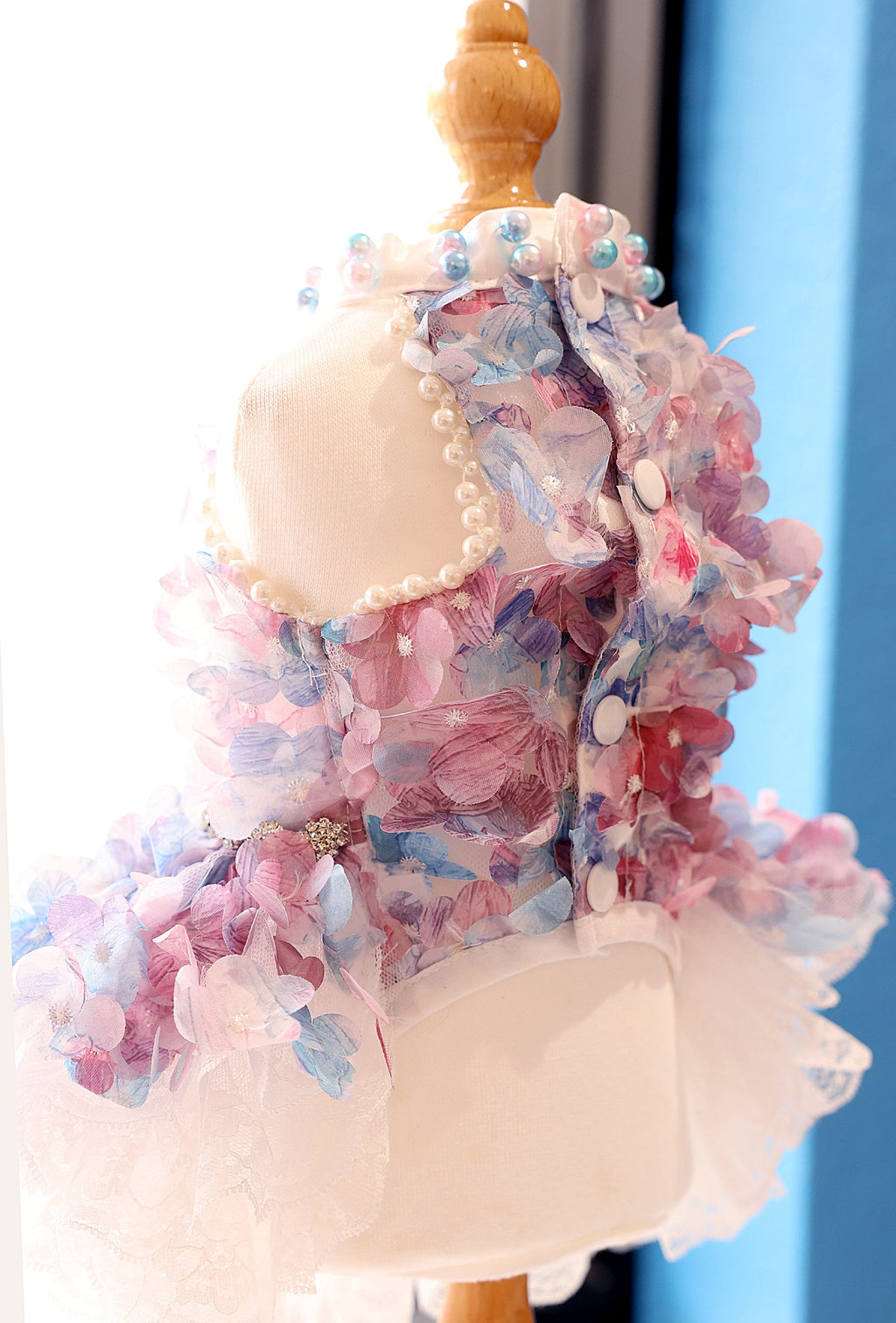 Snootie’s Handmade Pastel Floral Dog Dress with Pearl Collar and Lace Tutu