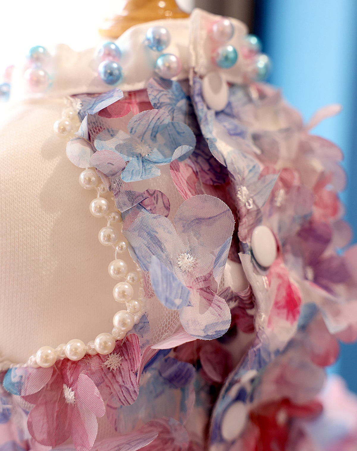 Snootie’s Handmade Pastel Floral Dog Dress with Pearl Collar and Lace Tutu