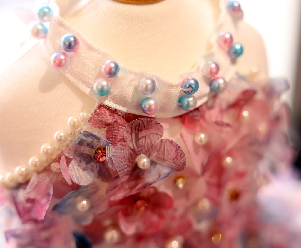 Snootie’s Handmade Pastel Floral Dog Dress with Pearl Collar and Lace Tutu