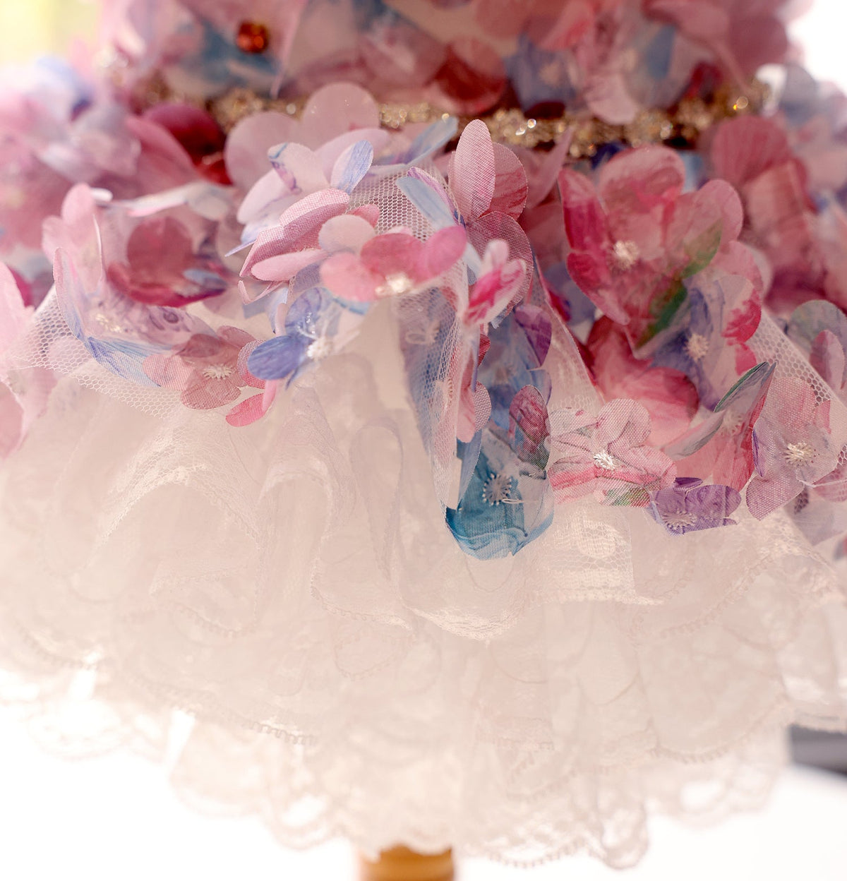 Snootie’s Handmade Pastel Floral Dog Dress with Pearl Collar and Lace Tutu