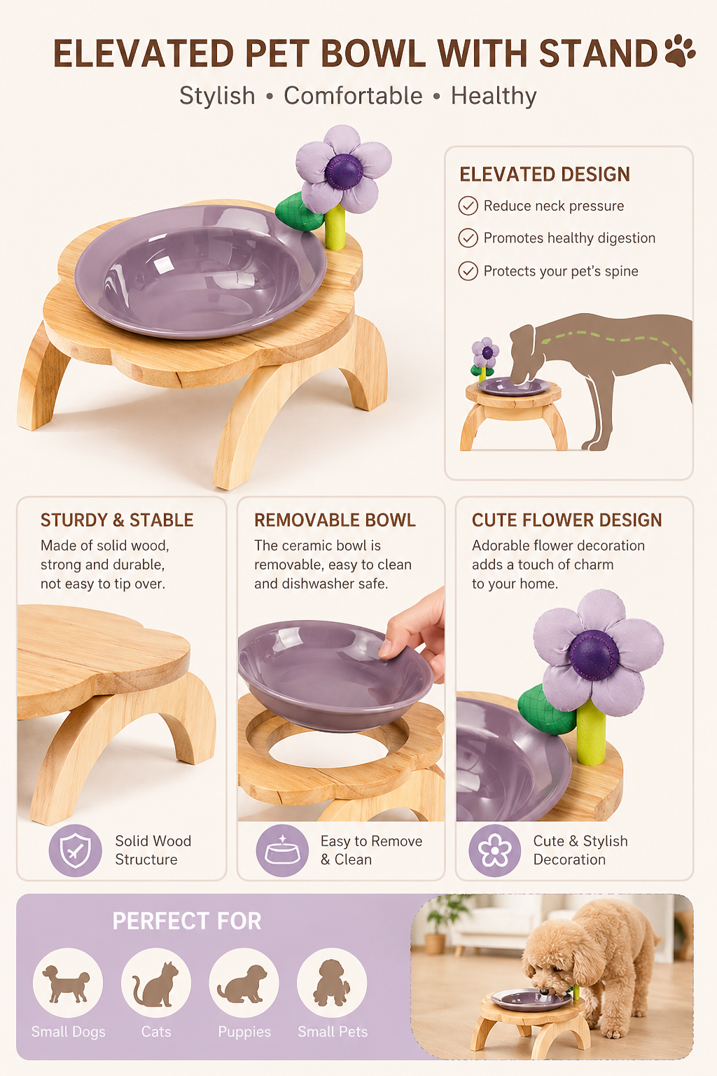 Snootie’s Flower Accent Elevated Ceramic Pet Bowl