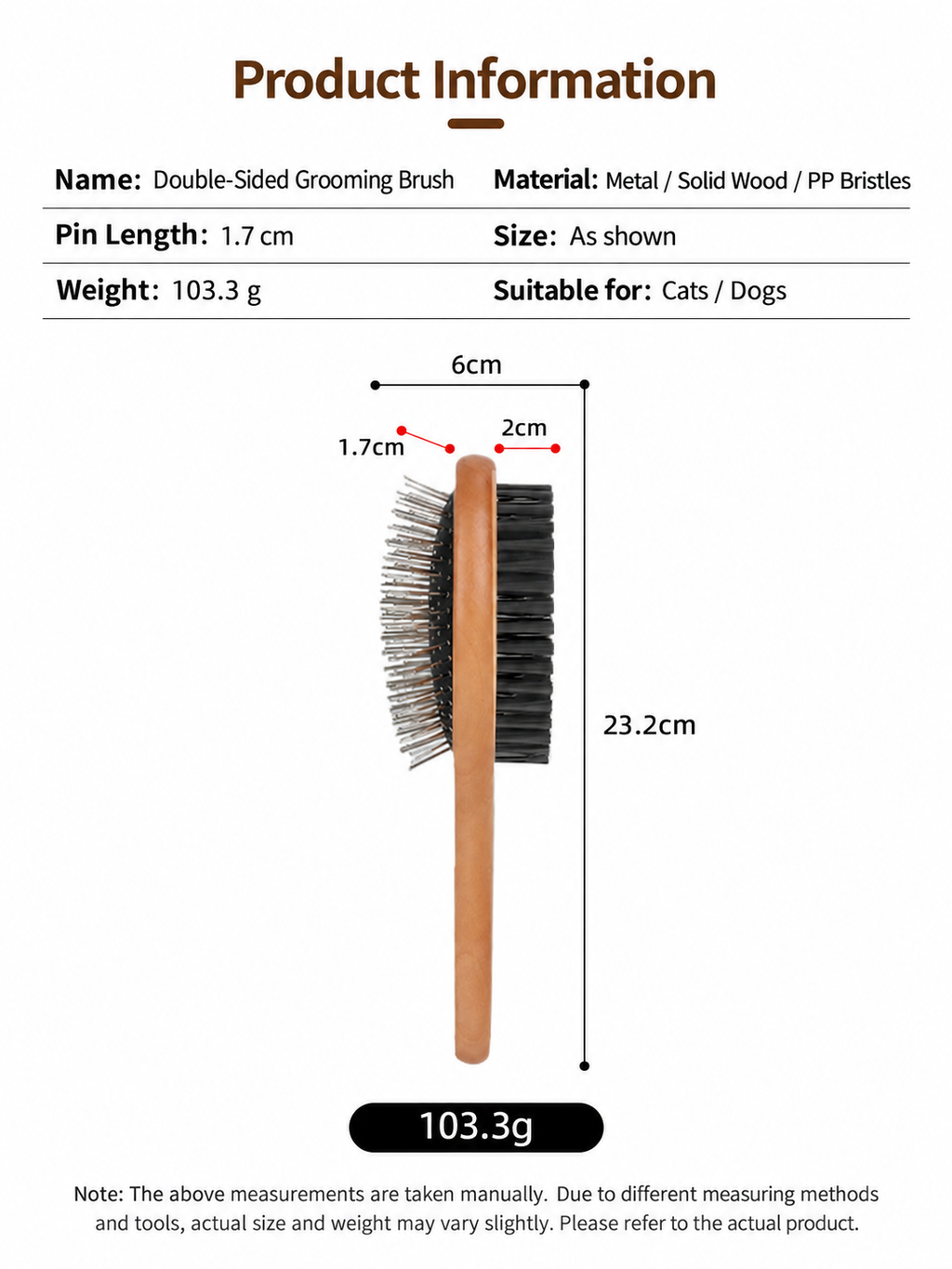 Double-Sided Pin & Bristle Pet Grooming Brush
