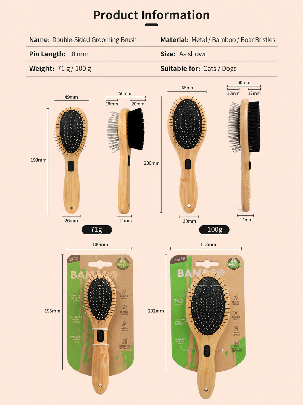 Double-Sided Pin & Bristle Pet Grooming Brush