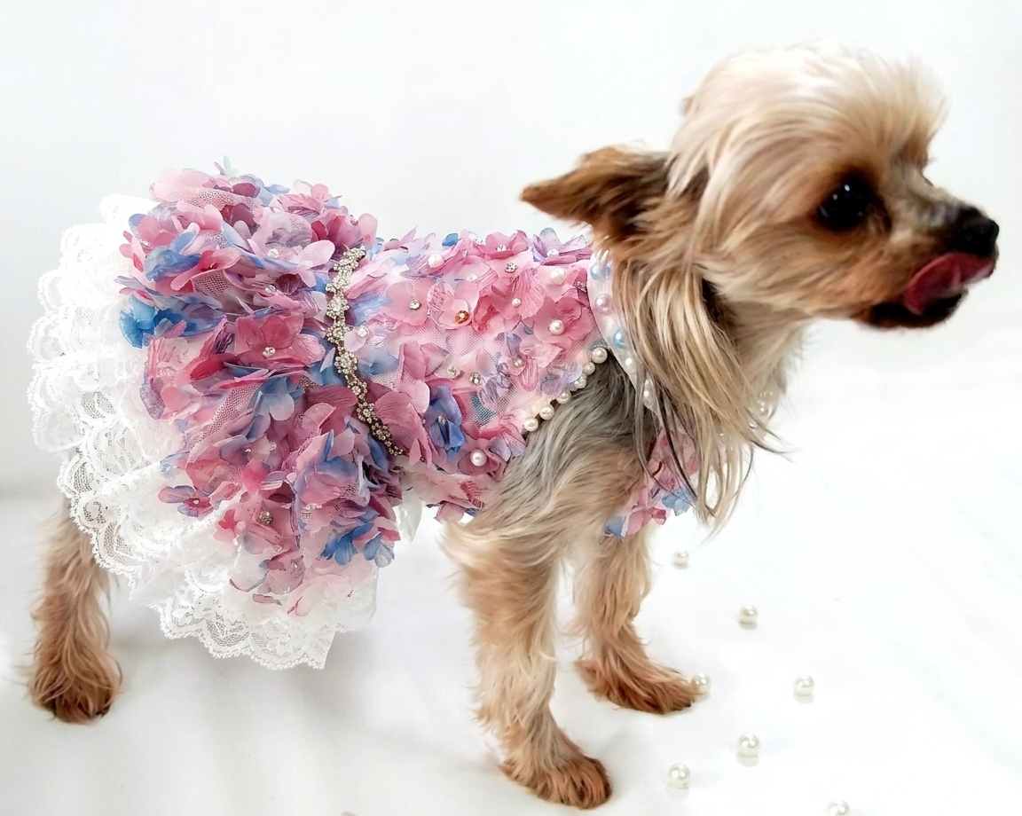Snootie’s Handmade Pastel Floral Dog Dress with Pearl Collar and Lace Tutu
